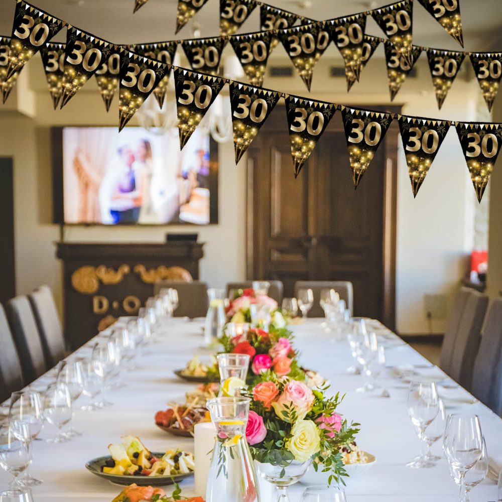 40Pcs Happy 30th Birthday Banner Bunting Flags Gold and Black Glitter 30th Birthday Anniversary Party Decoration Supplies,30th Birthday Triangle Flag Banners for Men Women - Image 3