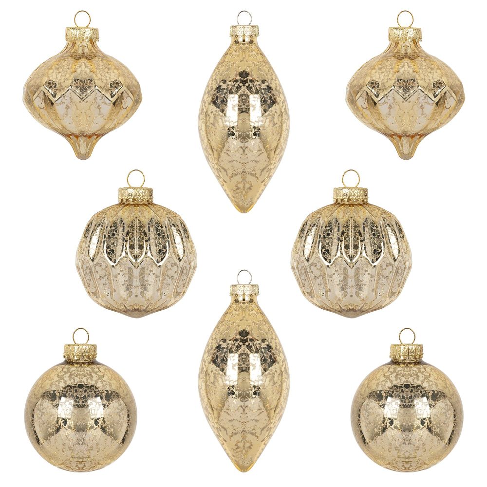KI Store Mercury Glass Christmas Tree Ornaments Champagne Gold 80mm 120mm Set of 8 Hanging Christmas Baubles Finials for Christmas Tree Decoration Holiday Décor