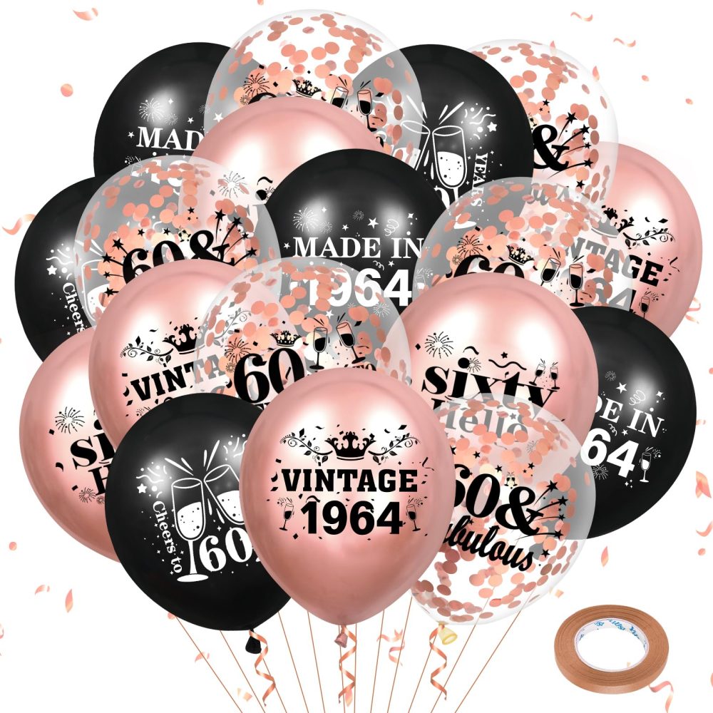 60th Birthday Balloons for Women 18Pcs Rose Gold and Black 1964 Balloons 60th Birthday Party Decorations 12 inch Vintage Confetti Latex Balloons Party Supplies for 60th Birthday Anniversary Party