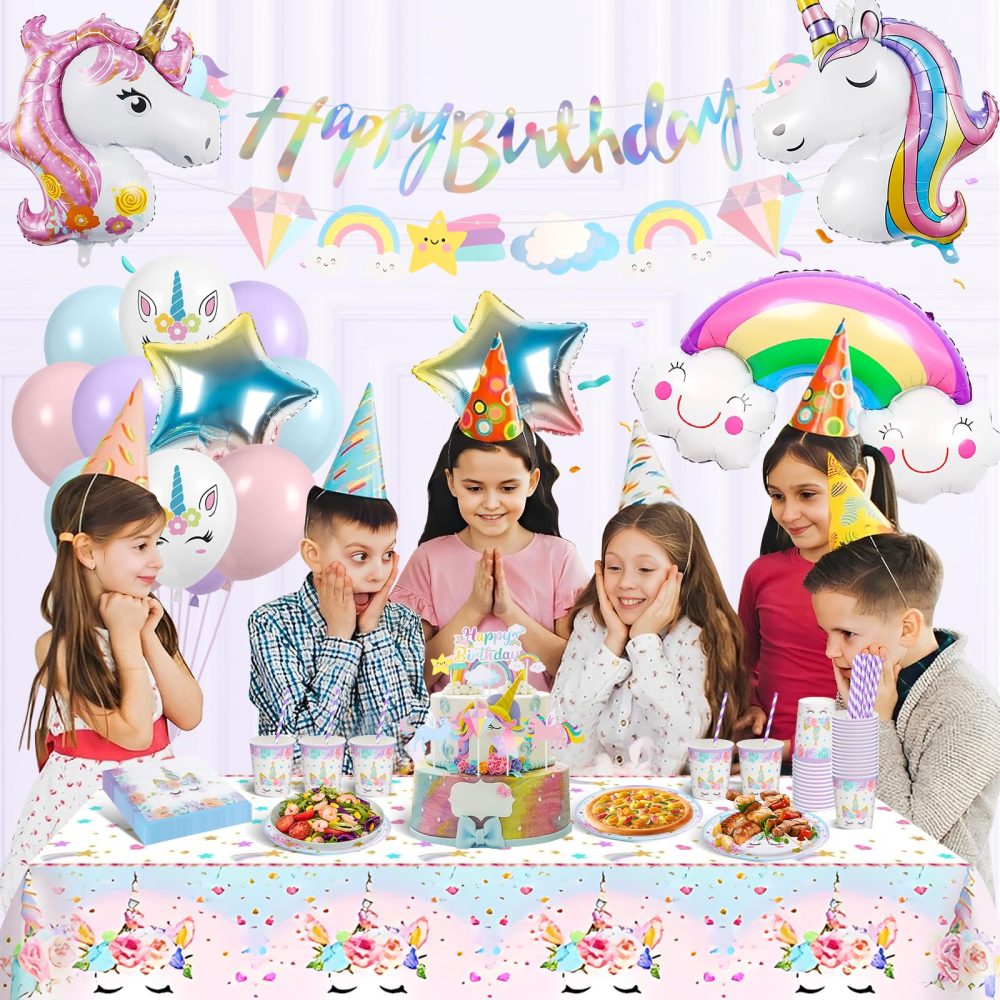 YIMAKJ Unicorn Party Tableware Set, Unicorn Birthday Decoration Set, Unicorn Party Decorations For Girls With Balloons, Tablecloths, Banner, Cake Deco, Party Plates Cups And Napkins(16 Guests) - Image 4