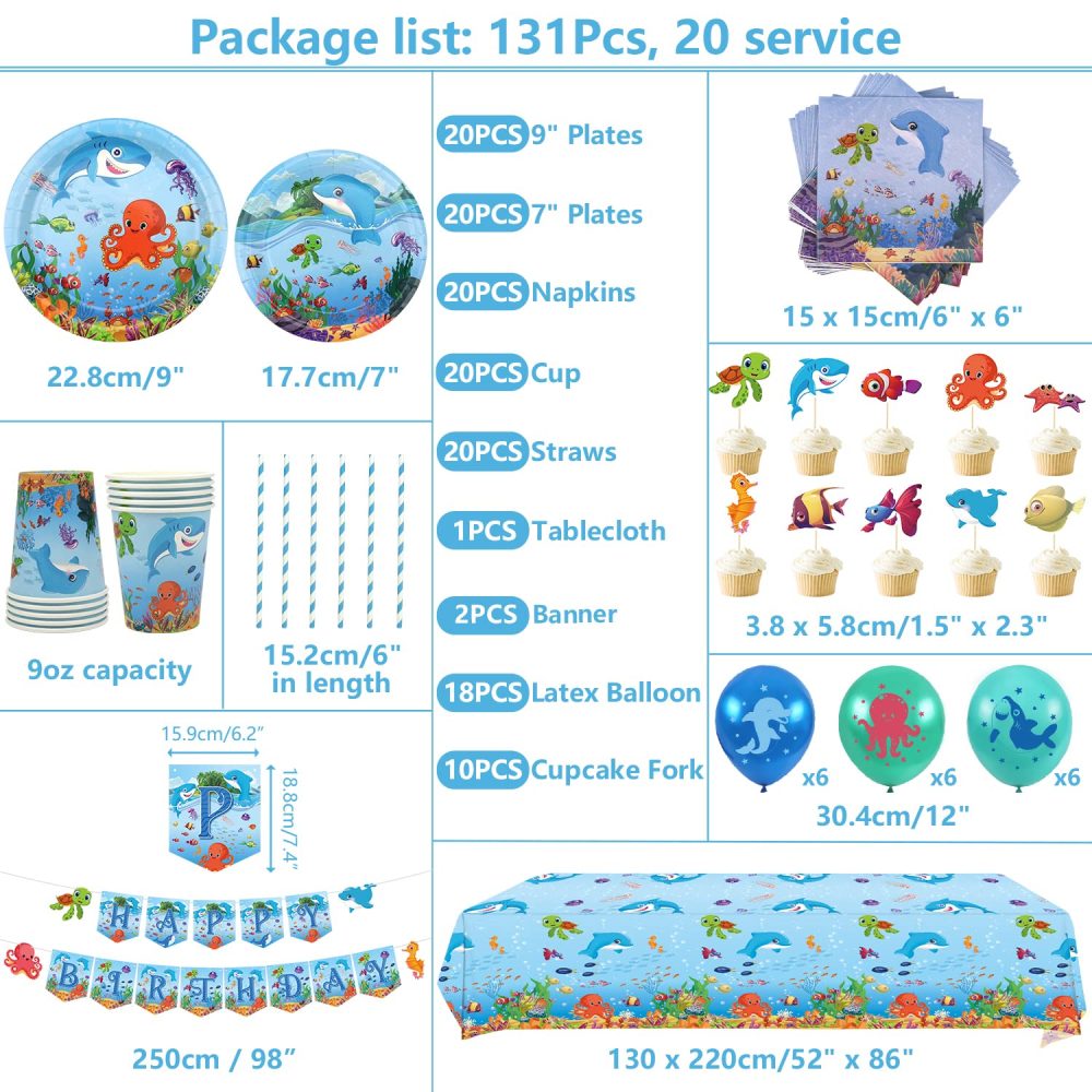 Under the Sea Party Supplies - Ocean Sea Party Tableware - Plates Cups Napkins Tablecloth Banner Balloons Cake Toppers for Underwater World Birthday Party Decorations, Serves 20 - Image 7