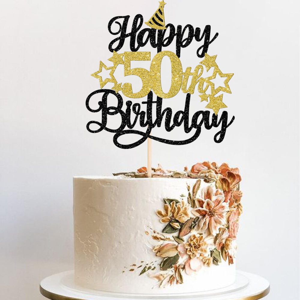 Xsstarmi 1 Pack Happy 50th Birthday Cake Topper Star Hat Glitter Cheers to 50 Years Birthday Cake Pick 50 Fabulous Cake Decorations for Happy 50th Birthday Anniversary Party Supplies Black Gold - Image 5