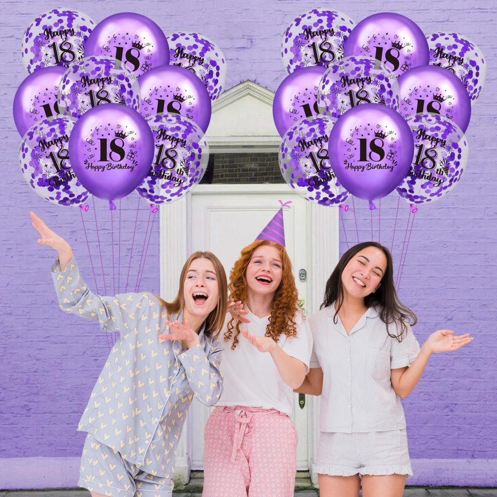 18th Birthday Balloons 18Pcs Purple Happy 18th Birthday Balloons Confetti Balloons Purple 18th Birthday Party Decorations Balloons for Girls Boys 18th Anniversary Birthday Decor Supplies 12 inches - Image 2
