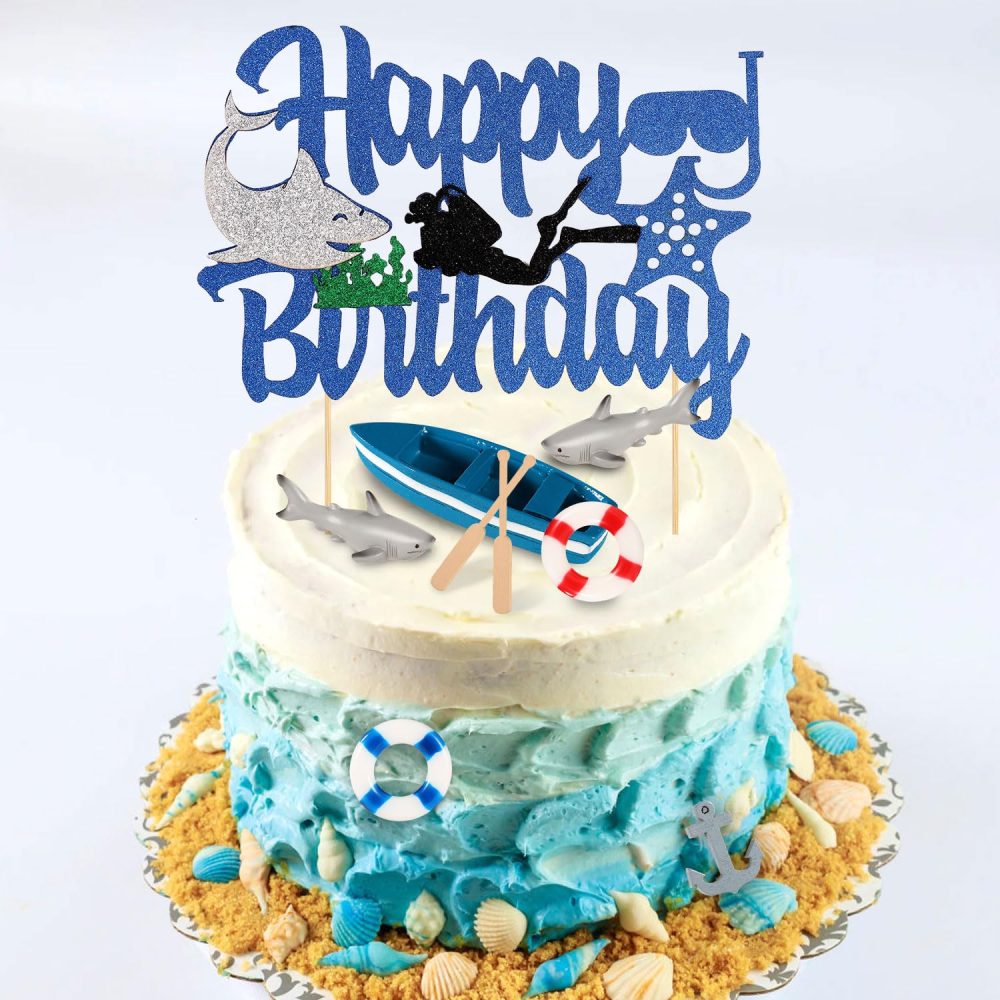 Shark Cake Topper Kit, Beach Baby Shark Cupcake Topper Set Including Shark Figurines Boat Anchor Paddle Life Buoy for Boys Girls Ocean Themed Birthday Party Under The Sea Fish Decorations Supplies - Image 3