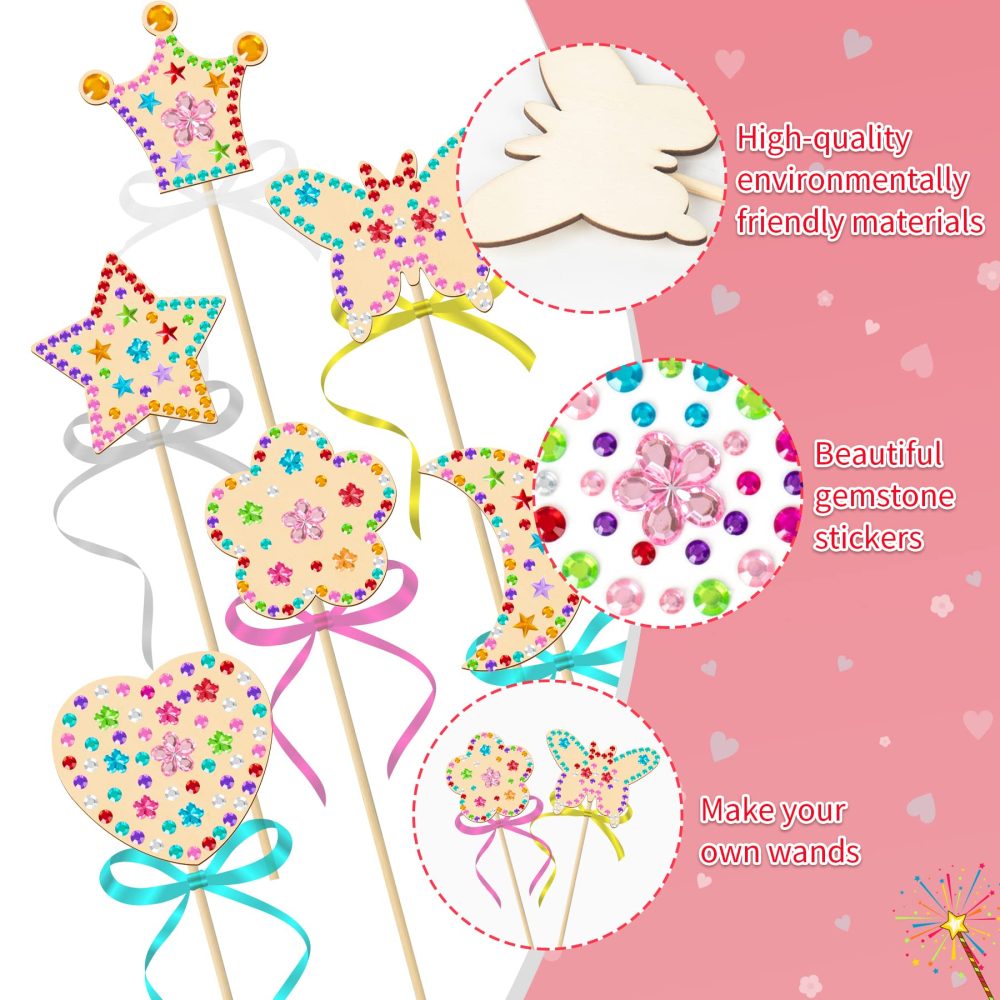 OPUHOHR 18 Sets Wood Fairy Wands Craft Project Kits, Princess Fairy Wands Kit with Gem Stickers, Ribbons Unfinished Wooden DIY Magical Wand, DIY Crafts Art Projects Gifts for Girls - Image 6