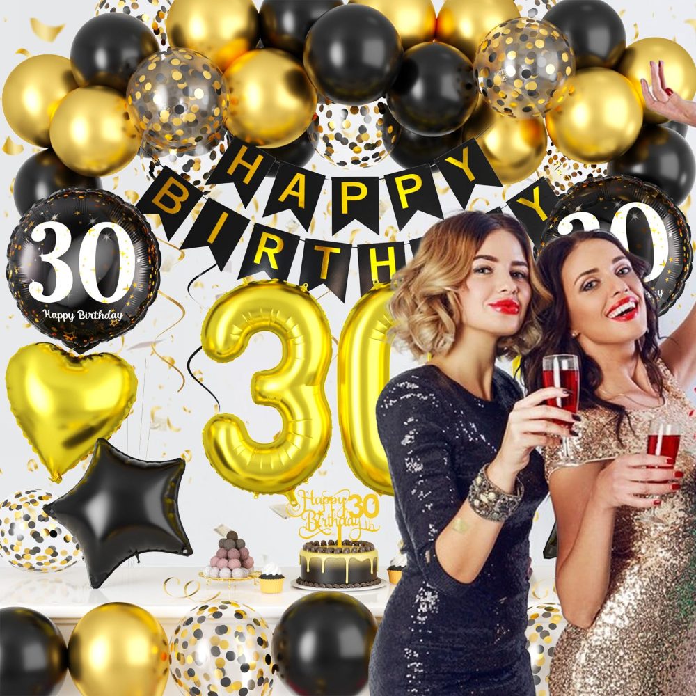 Black and Gold 30th Birthday Decorations, 30th Birthday Balloons Gold and Black 30th Party Decorations with Black Gold Balloons Happy Birthday Banner Cake Topper for Men Women 30th Birthday Supplies - Image 3