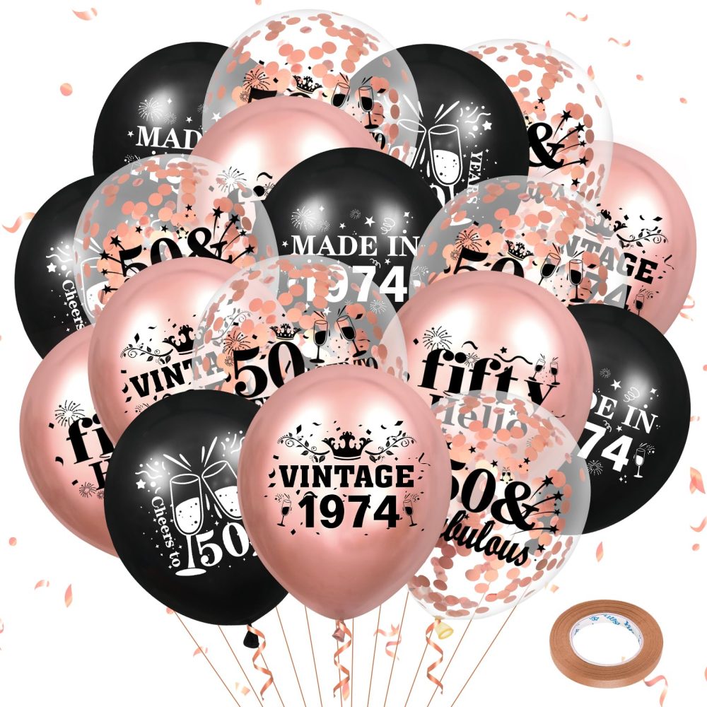 50th Birthday Balloons for Women 18Pcs Rose Gold and Black 1974 Balloons 50th Birthday Party Decorations 12 inch Vintage Confetti Latex Balloons Party Supplies for 50th Birthday Anniversary Party