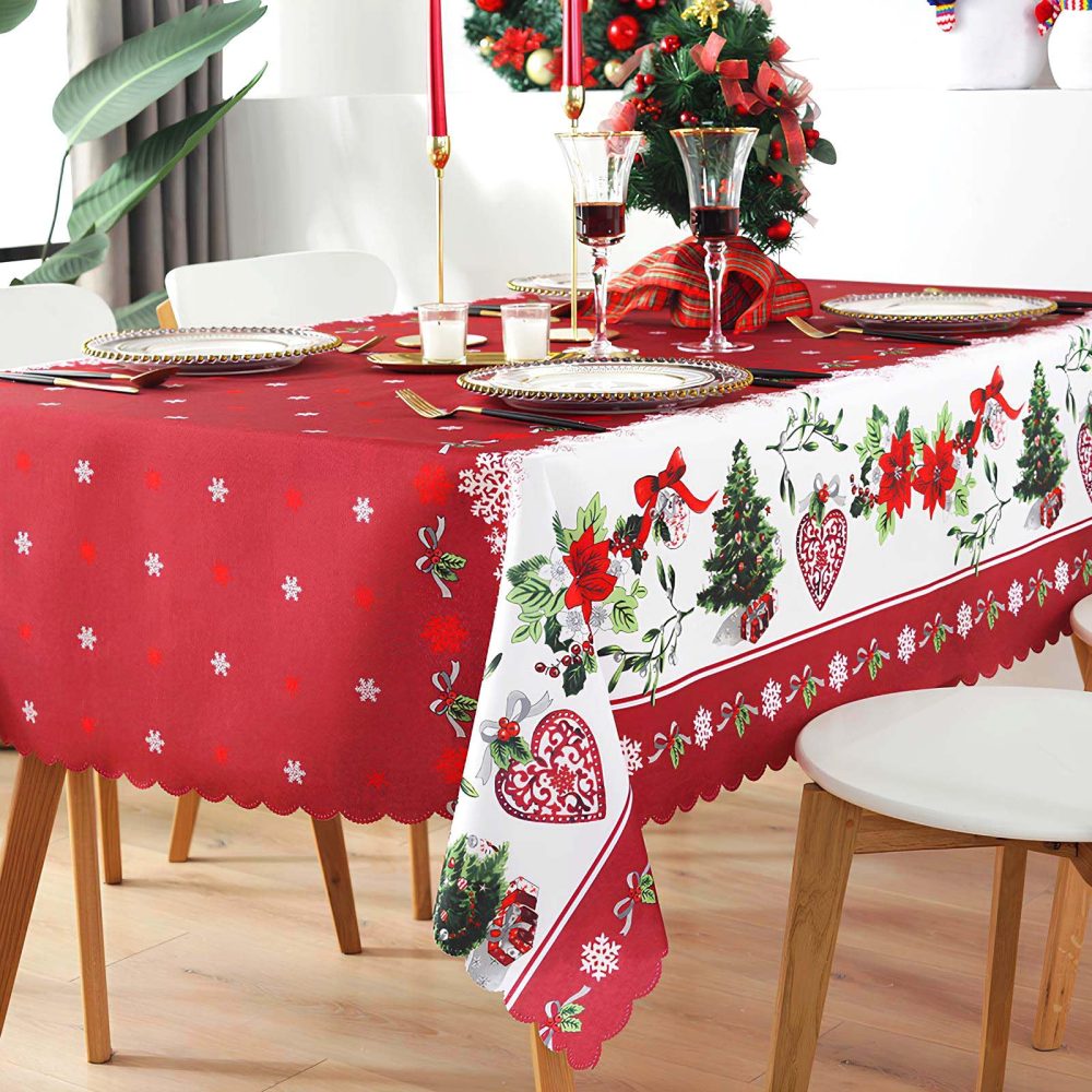 86.6 x 59inch Christmas Tablecloths Rectangular Christmas Table Cloth Washable Red Xmas Table Cover Stain-Resistant Christmas Tablecloths for New Year Decoration Xmas Party Home Decor to Sit 6 to10 - Image 3