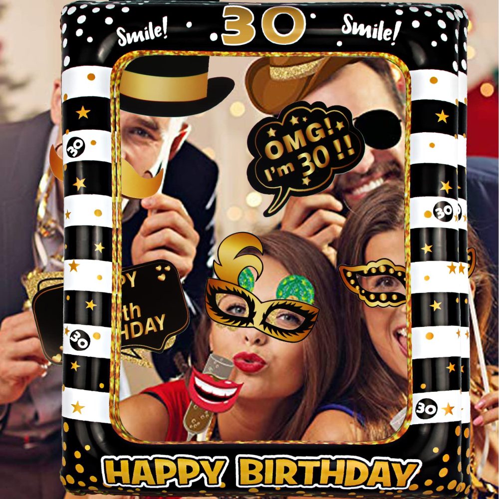 30th Birthday Photo Booth Frame, KissDate 30th Inflatable Selfie Frame and 26PCS 30th Birthday Photo Booth Props, Black Gold 30th Birthday Decorations 30th Props Party Supplies for Ladies Men Women - Image 2