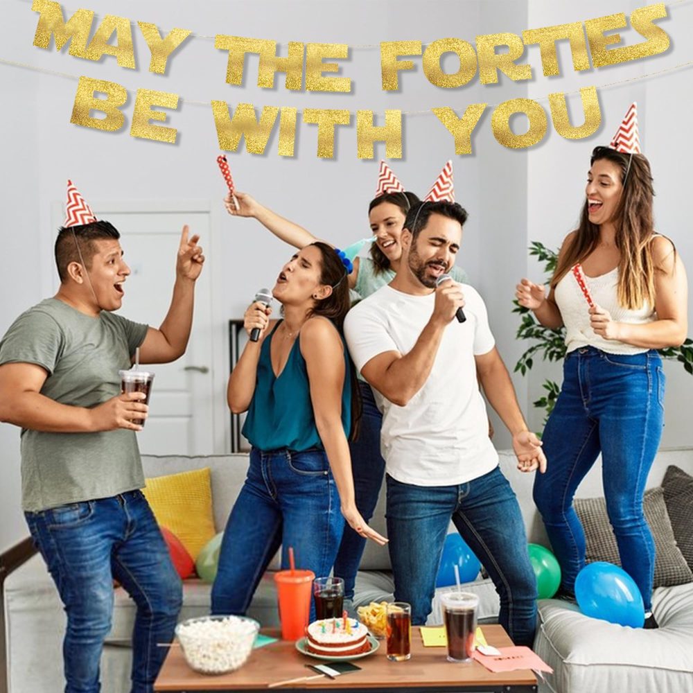 Zercart May The Forties Be With You Gold Glitter Banner，Happy 40th Birthday Party Banner，40th Birthday Party Decoration Supplies，40th Wedding Anniversary Decoration，Milestone Birthday Party Decoration - Image 5
