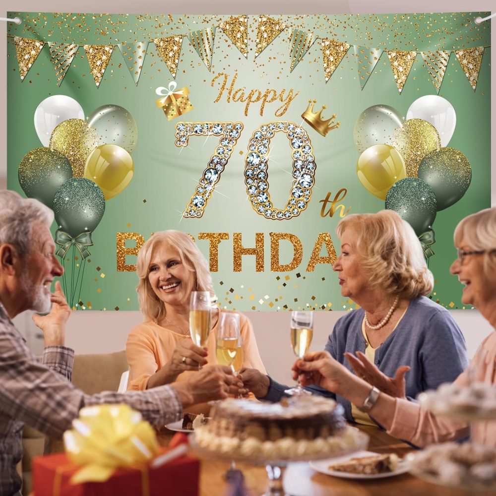 70th Birthday Decorations for Women Men, 70th Birthday Banner, 70th Birthday Backdrop Party Decorations, Sage Green Gold Happy 70th Birthday Banner Background for Birthday Anniversary Party Supplies - Image 4