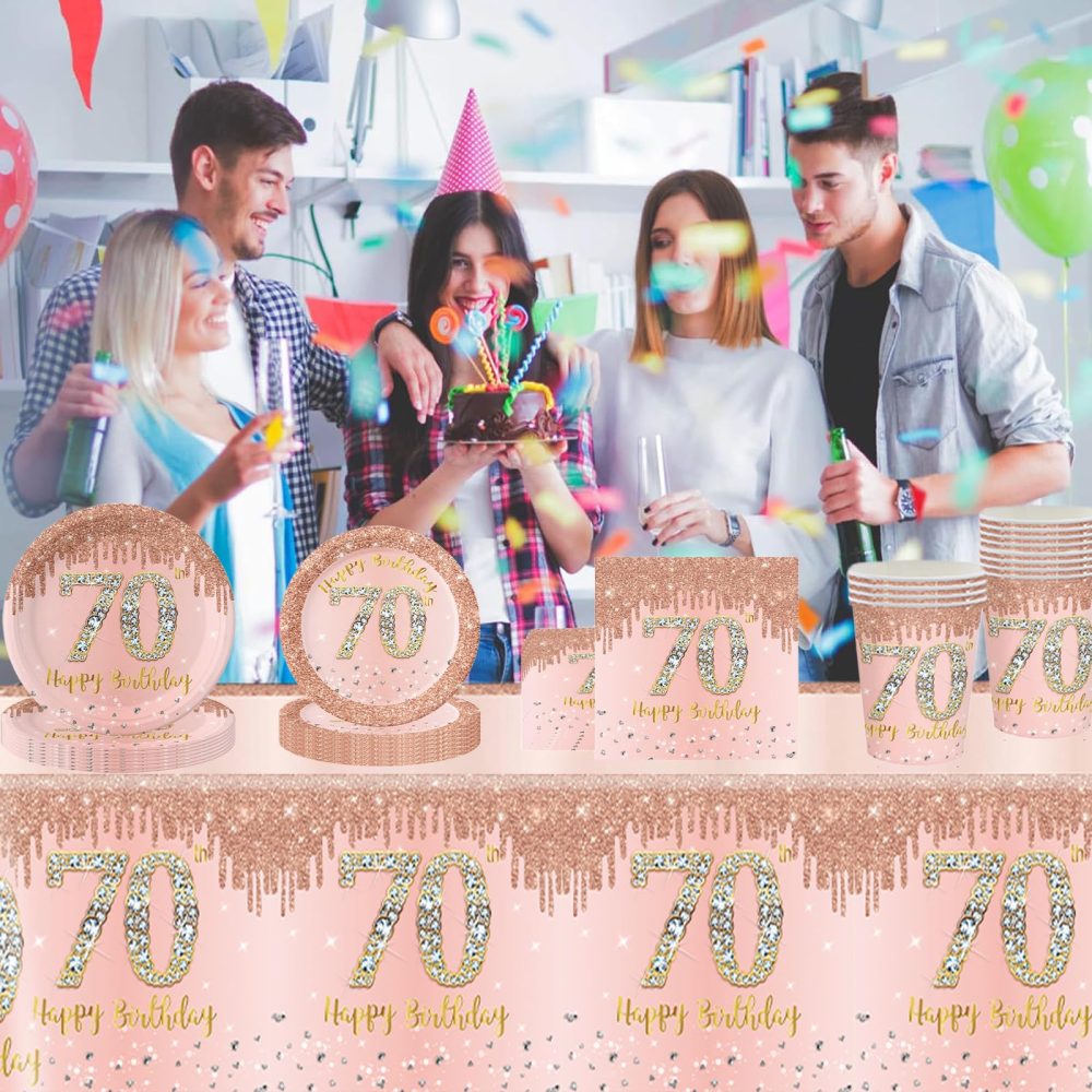 69pcs Rose Gold 70th Birthday Decorations,Happy 70th Birthday Tablecloth,Paper Plates,Napkins Serviettes and Cups Sets for 70th Birthday Table Decorations for Women,Men,Him,Her 70th Birthday Gifts - Image 7