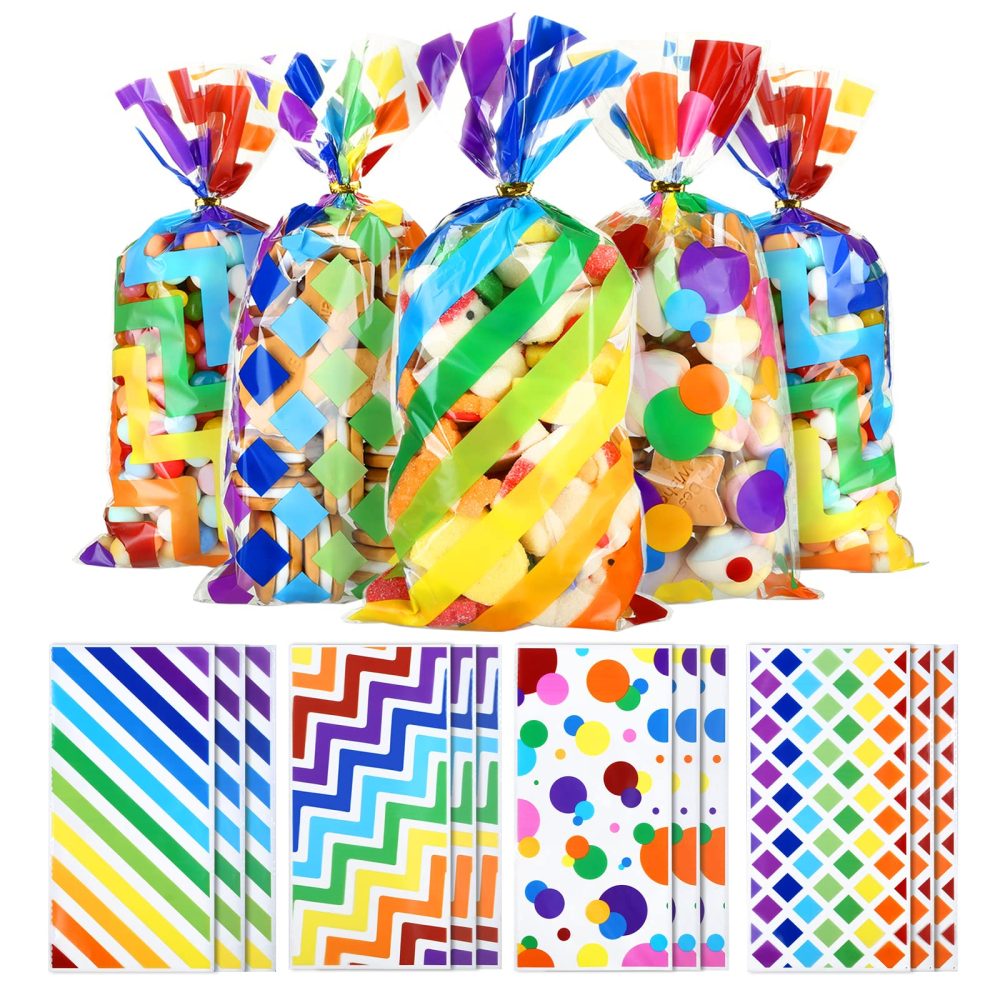 Kesote 100Pcs Rainbow Cellophane Party Bags with Twist Ties 4 Patterns Sweet Bags Cellophane Treat Bags for Birthday Party Wedding Baby Shower, 27 x 13cm
