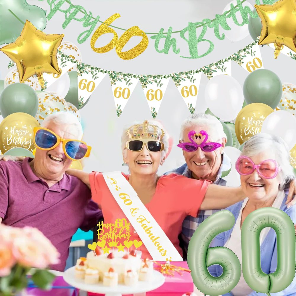 60th Birthday Decorations for Women - 49 Piece Green Gold 60th Birthday Balloons Set with Happy Birthday Banner, Confetti, Foil Balloon, Cake Topper, 60 Years Old Party Supplies for Women Men - Image 4