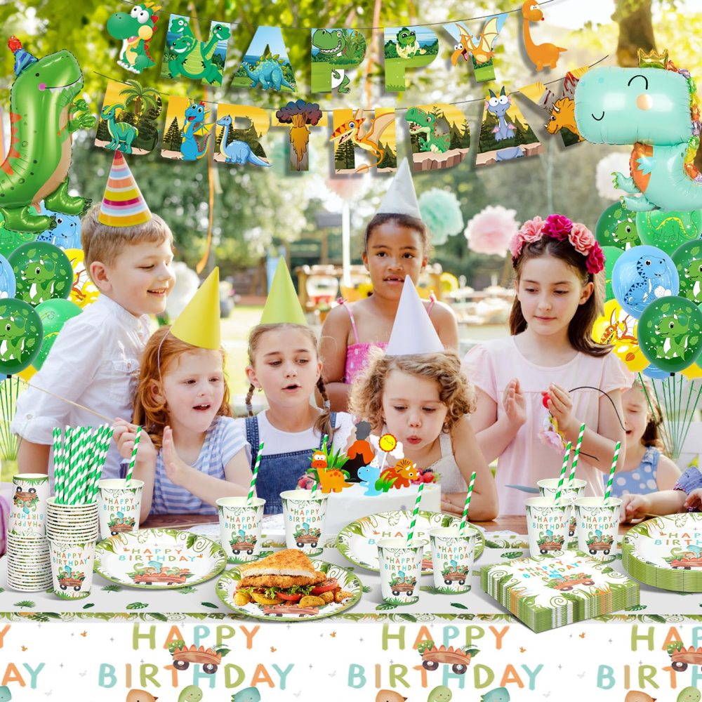 YIMAKJ Dinosaur Birthday Party Tableware Set, Party Supplies Tableware Set, Dinosaur Party Decorations Set With Party Paper Plate Cups Napkins Straws Children's Birthday Decorations for Boys and Girls - Image 7