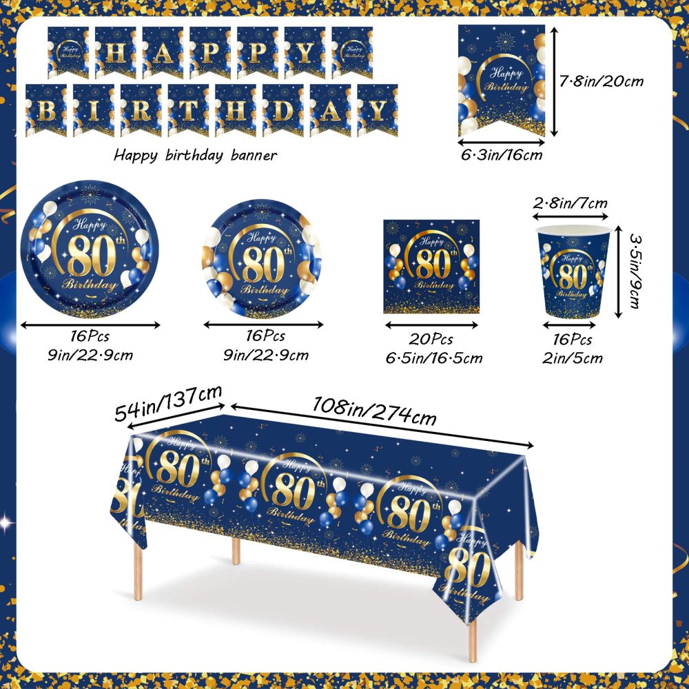 MORAINJAY 70P 80th Birthday Tableware Blue Gold,80th Birthday Cups Plates Napkins Tablecloth Paper,80th Birthday Table Decoration Set for Men Women 80th Birthday Party Supplies(16 Guests) - Image 2