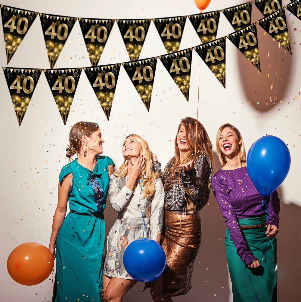 40Pcs Happy 40th Birthday Banner Bunting Flags Gold and Black Glitter 40th Birthday Anniversary Party Decoration Supplies,40th Birthday Triangle Flag Banners for Men Women - Image 5