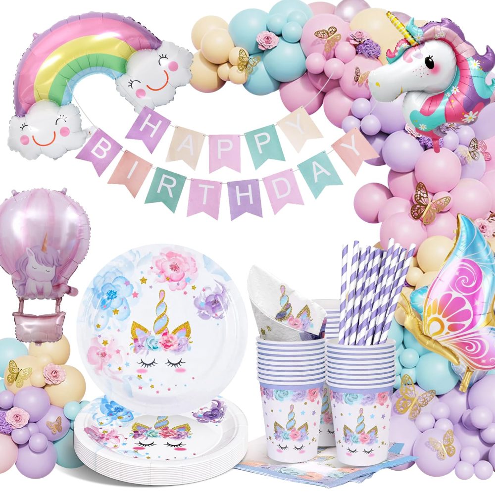 yosiio Unicorn Party Tableware Set, Butterfly Theme Party Supplies, Unicorn Birthday Decoration Set, Paper Plates with Butterfly Balloons for Kids' Birthday Baby Shower 16 Guests
