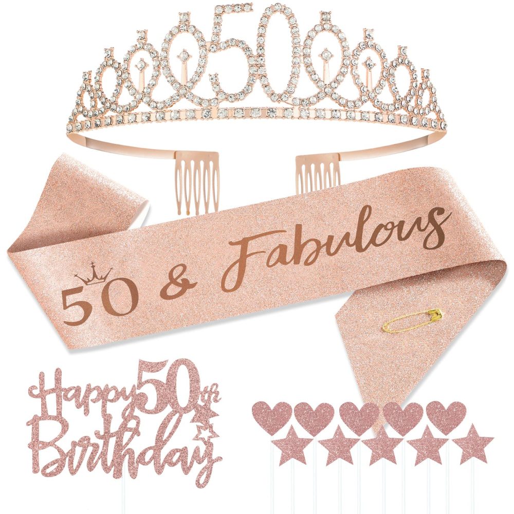 Jonvell 50th Birthday Sash and Tiara Crown Rose Gold 50th Sash Rhinestone Tiara Crown Birthday Cake Topper for Women 50th Birthday Gift Party Decorations Supplies