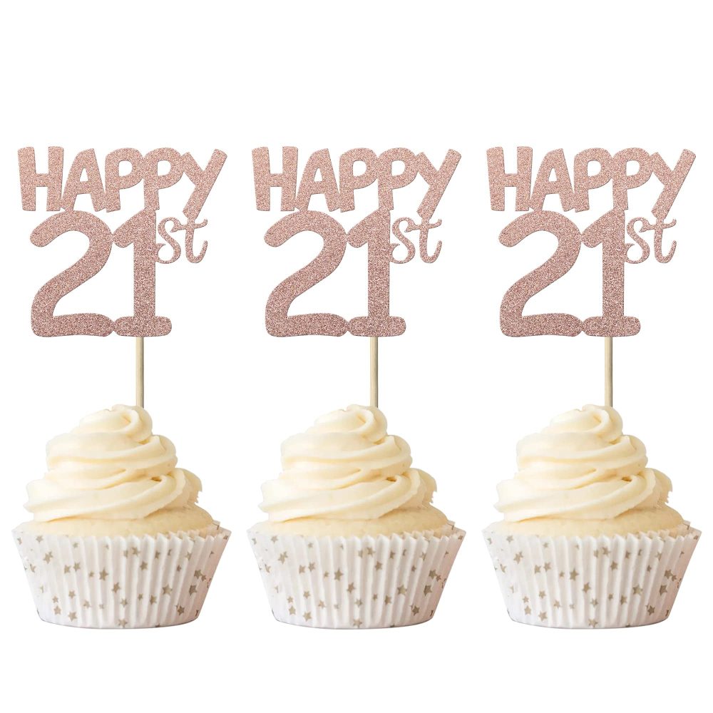 Xsstarmi 24 Pack Happy 21st Cupcake Toppers Glitter Number 21 Cheers to 21st Birthday Cupcake Picks for 21st Birthday Wedding Anniversary Party Cake Decorations Supplies Rose Gold