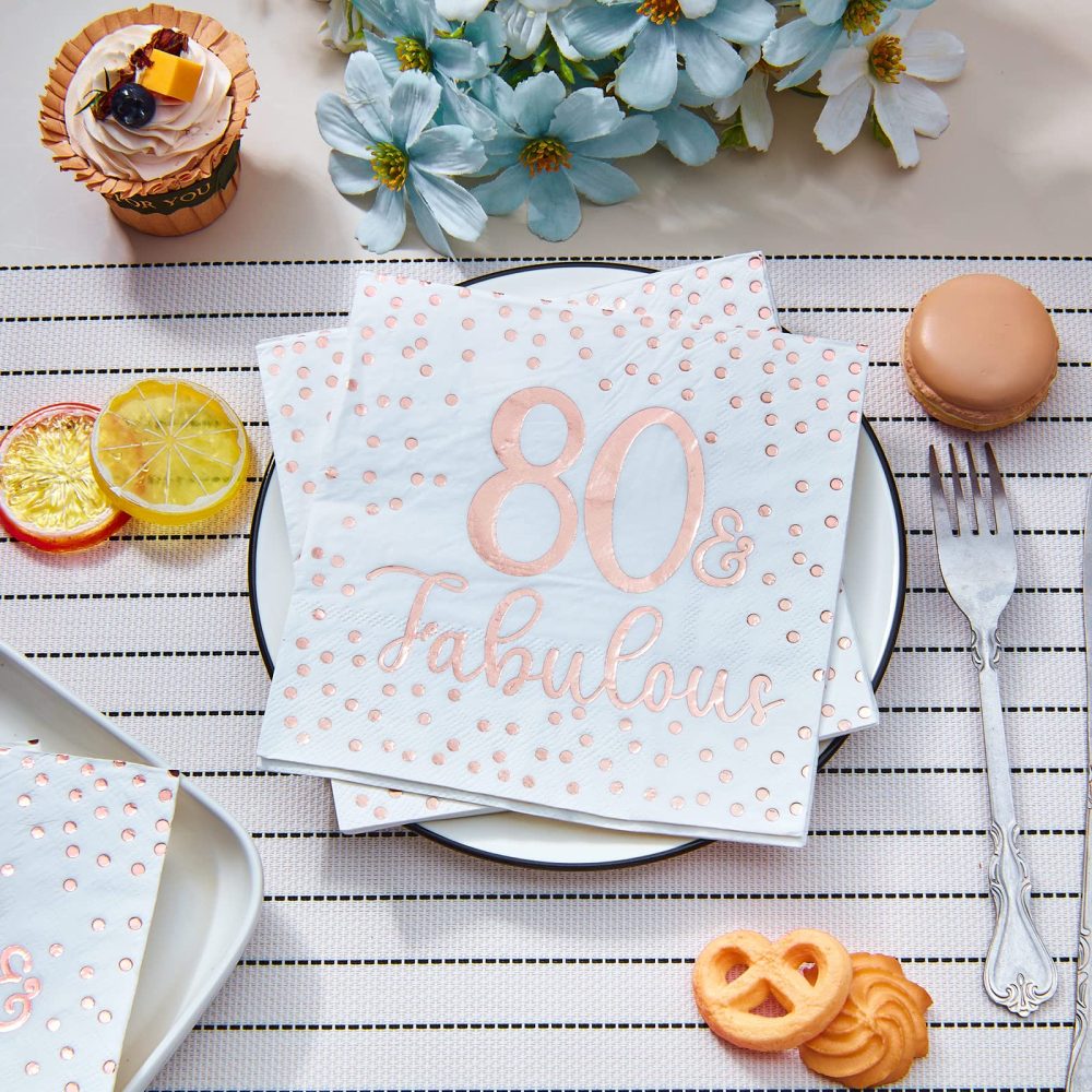 Tenare 40 Pcs Glitter Napkins Happy 50th 60th 70th 80th 90th Birthday Napkins Fabulous Cocktail Disposable Napkin for Birthday Party Anniversary Decoration, 3 Ply (White and Rose Gold,80th Fabulous) - Image 4