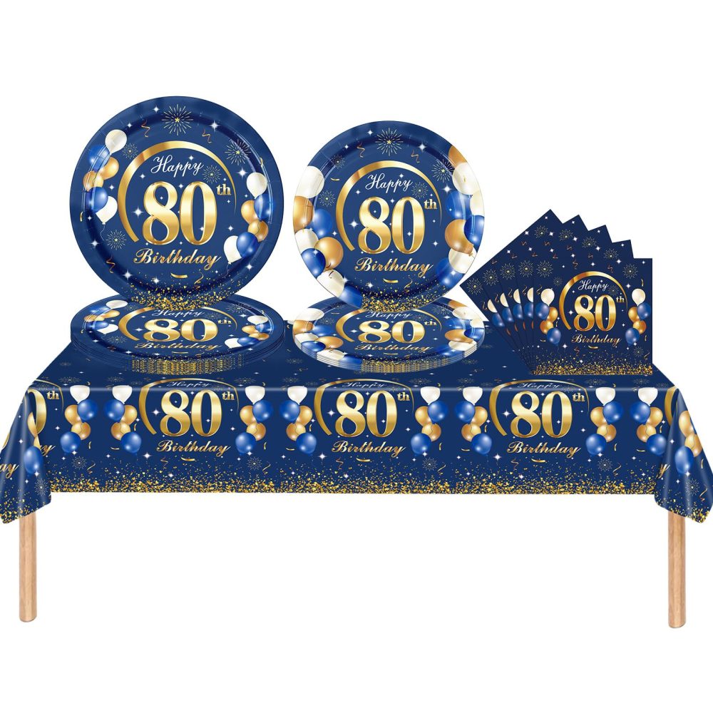 53Pcs Black Gold 80th Happy Birthday Party Tableware Decorations for Him Plastic Table Cloth,7,9inch Paper Plates,Napkins for Men Birthday Table Party Tableware Set for Men Adults Birthday Party