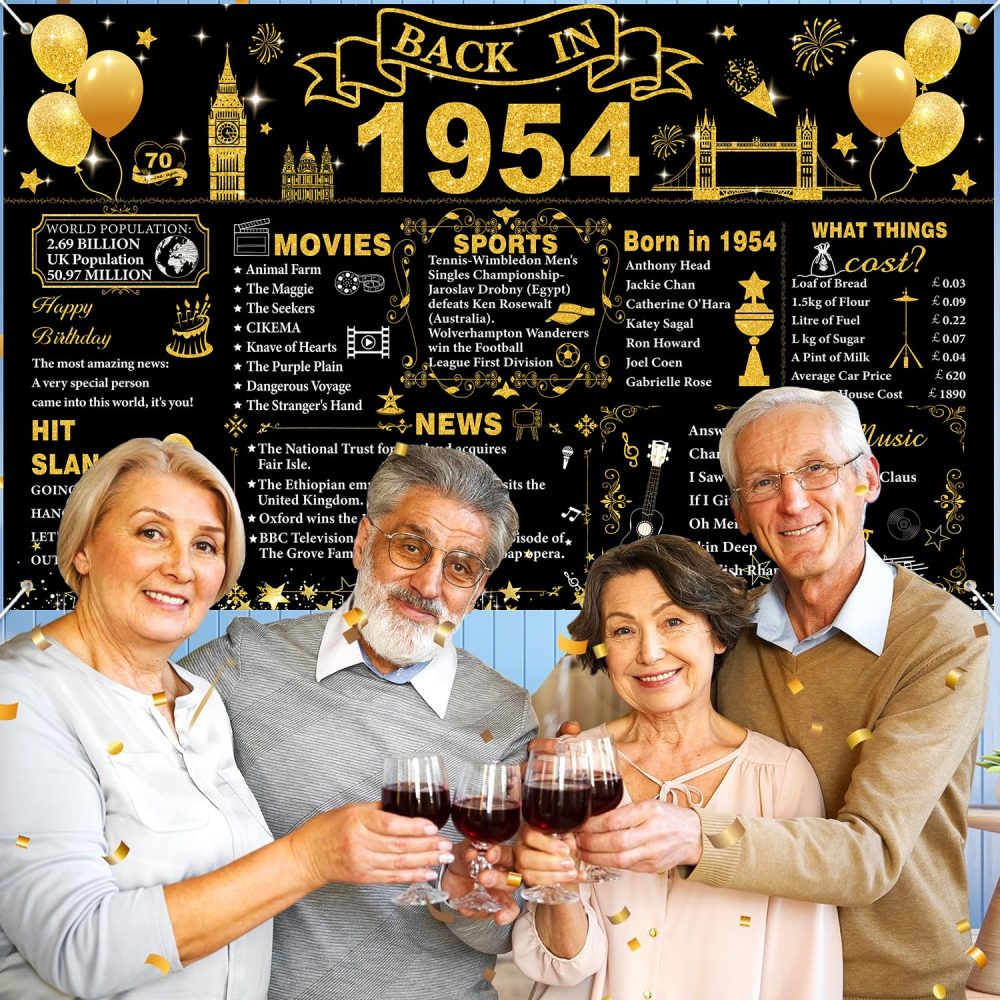 70th Birthday Decorations Black Gold, Back in 1954 Poster UK Happy 70th Birthday Decorations, Large Back in 1954 Backdrop Banner, 70 Years Anniversary Home Decor for Women Men - Image 6