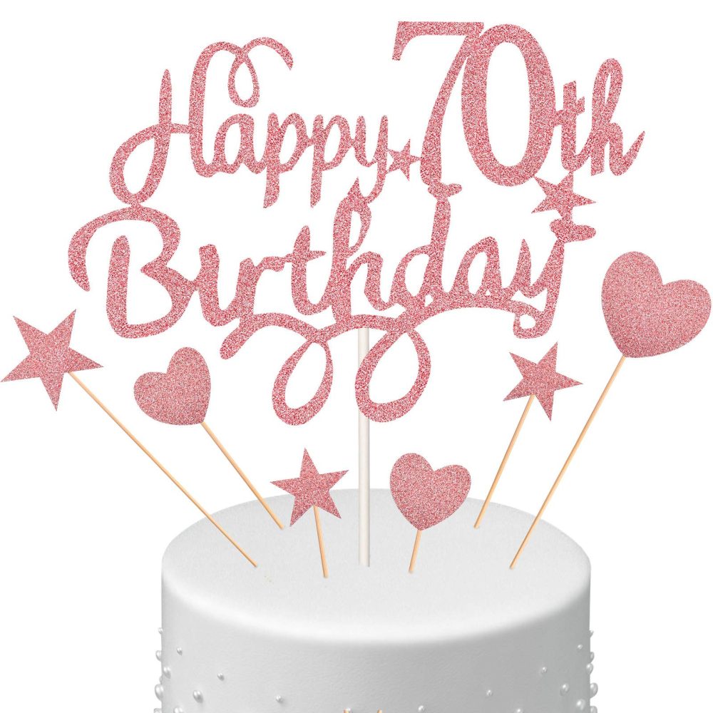 Boao Cake Topper Set, Happy 70th Birthday Cake Topper with Heart Star Cupcake Picks Glitter Cake Decoration for Birthday Party Cake Supplies, Rose Gold