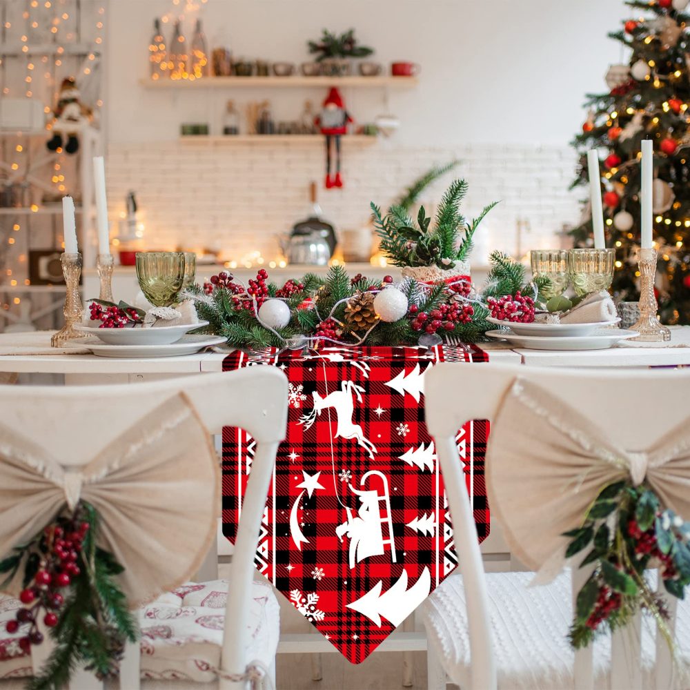 RMMD Christmas Table Runner Decorations 200*28cm Red Black Plaid Lattice Table Runner Xmas Long Table Runner with Tassels Farmhouse Check Table Decorations for Christmas Home Kitchen Dinning Room - Image 3