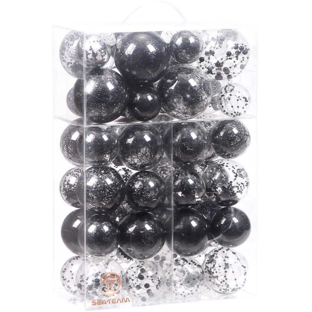 Sea Team Multi-Size Shatterproof Clear Plastic Christmas Ball Ornaments Decorative Xmas Balls Baubles Set with Stuffed Delicate Decorations (48 Counts, Black)
