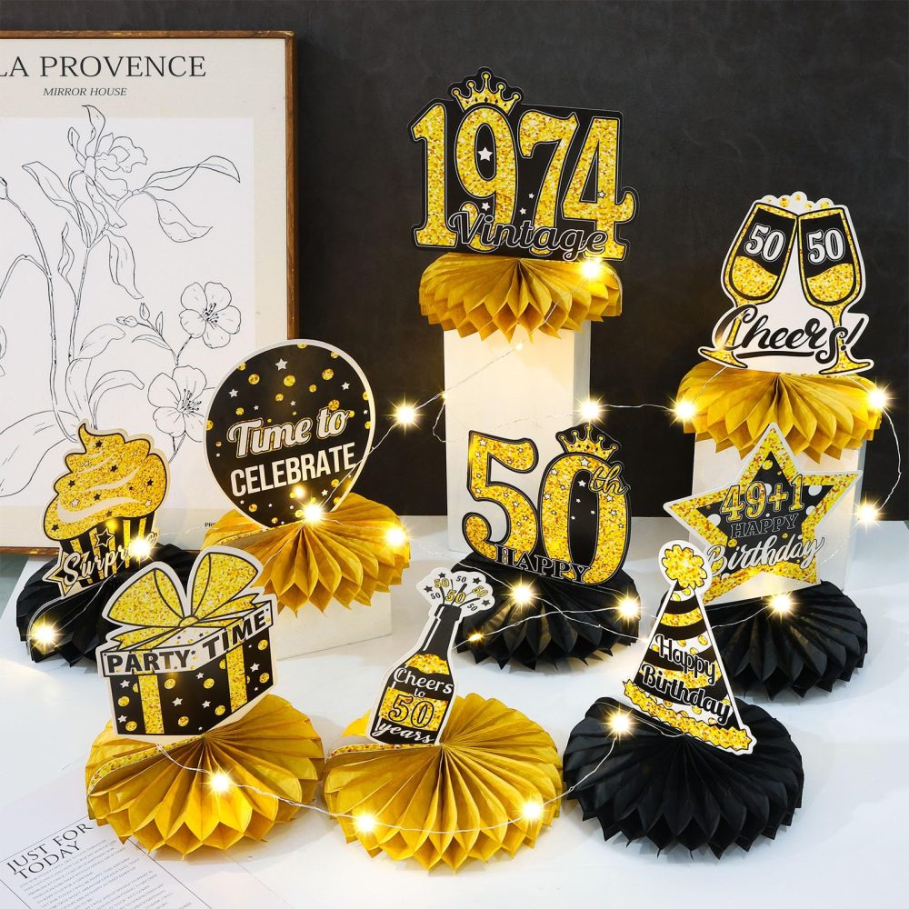 Radsocken 9Pcs 50th Birthday Honeycomb Centerpieces Decorations with String Lights for Women,Gold Black1974 Years Happy Birthday Table Topper 50th Birthday Gifts for Women Men Party Supplies - Image 7