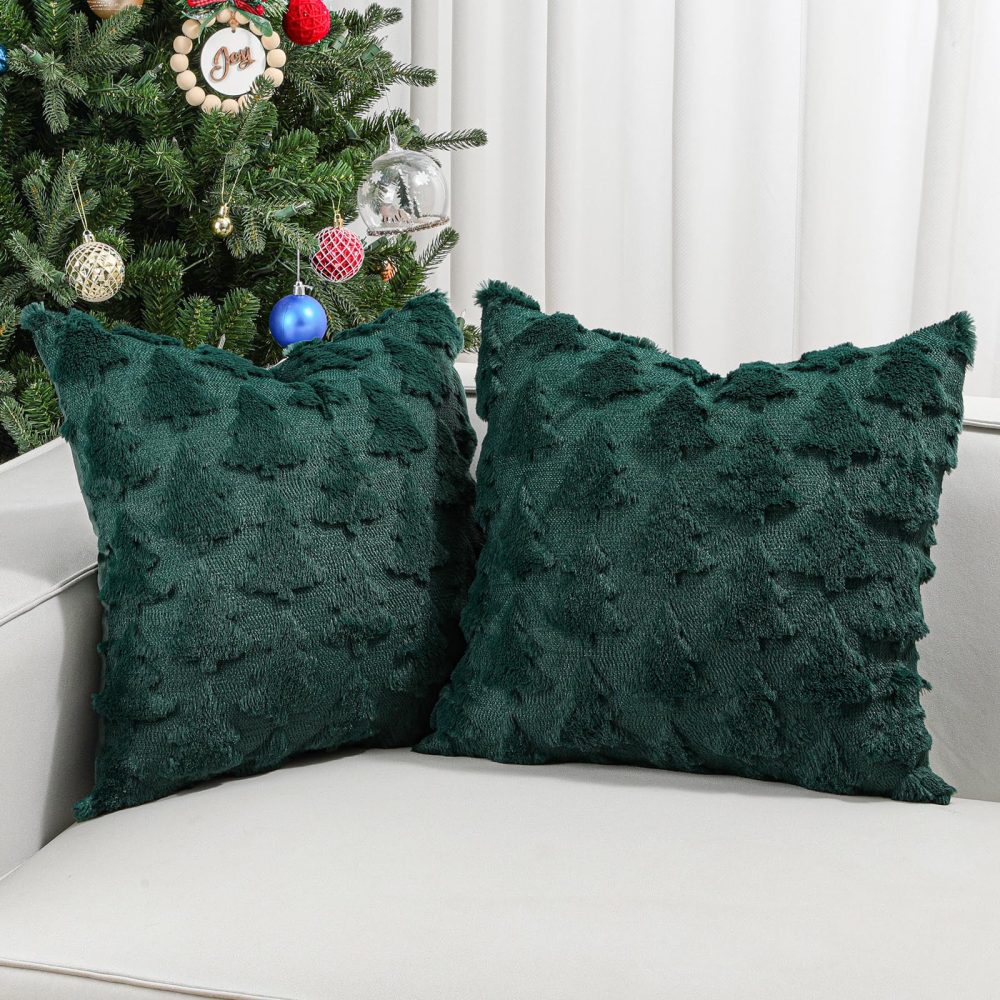 Lewondr Christmas Throw Pillow Cover 18x18, Set of 2 Super Soft Faux Fur Pillow Covers Velvet Christmas Tree Embroidery Decorative Throw Pillowcase for Living Room Bed Couch Sofa Car Home Decor, Green