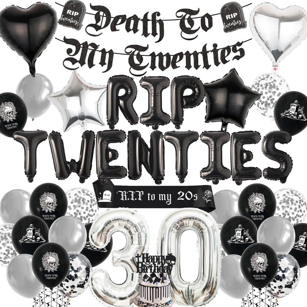 Rip 20s Birthday Decorations - Black and Silver Death to My Twenties Banner Sash Cake Topper Letter Heart Star Number Balloons for Men Women Halloween Goth Themed 30th Birthday Party Supplies
