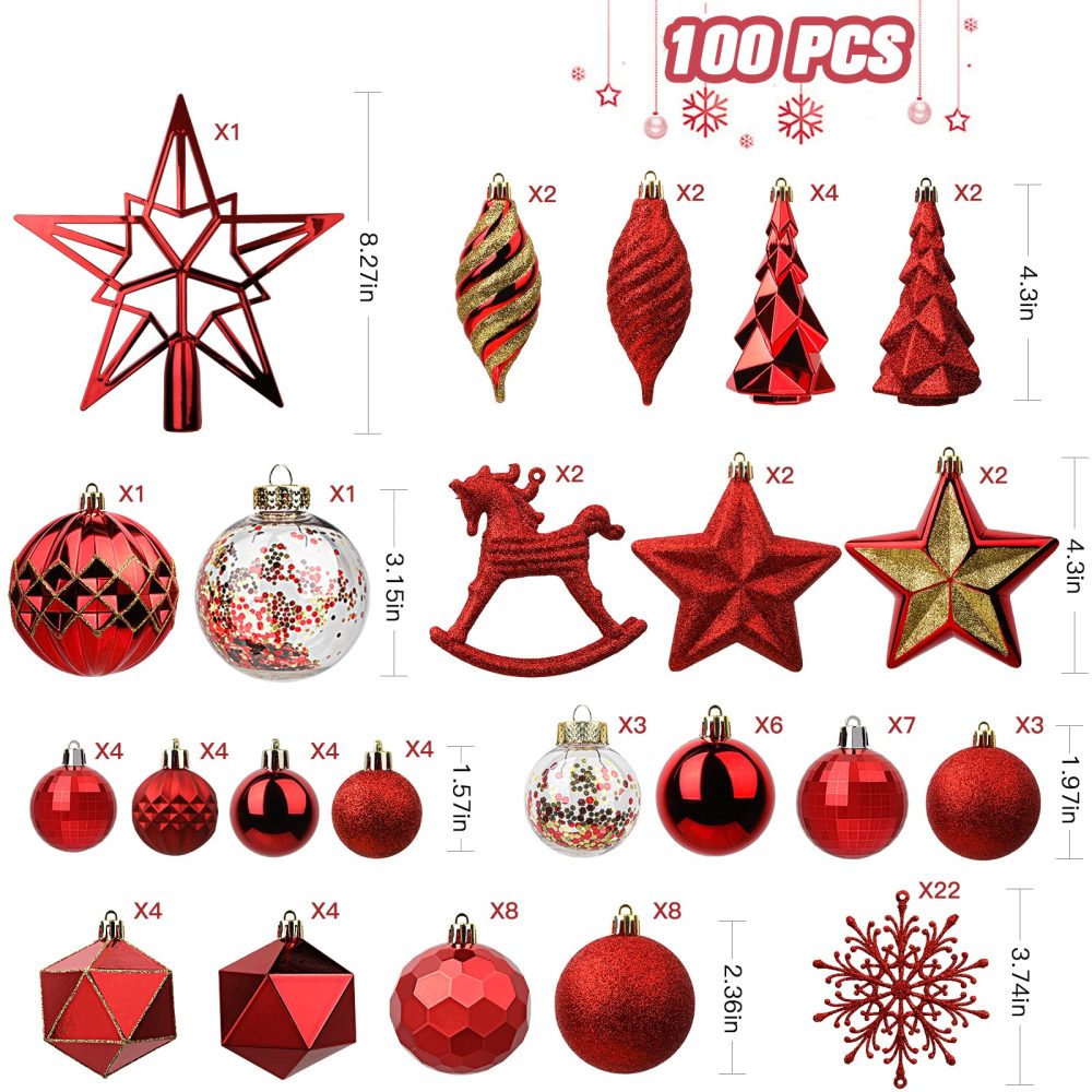 SHareconn 100pcs Christmas Tree Decorations Ornaments Set, Shatterproof Plastic Christmas Baubles Decorative Balls for Xmas Tree Decor Holiday Wedding Party, Red - Image 6