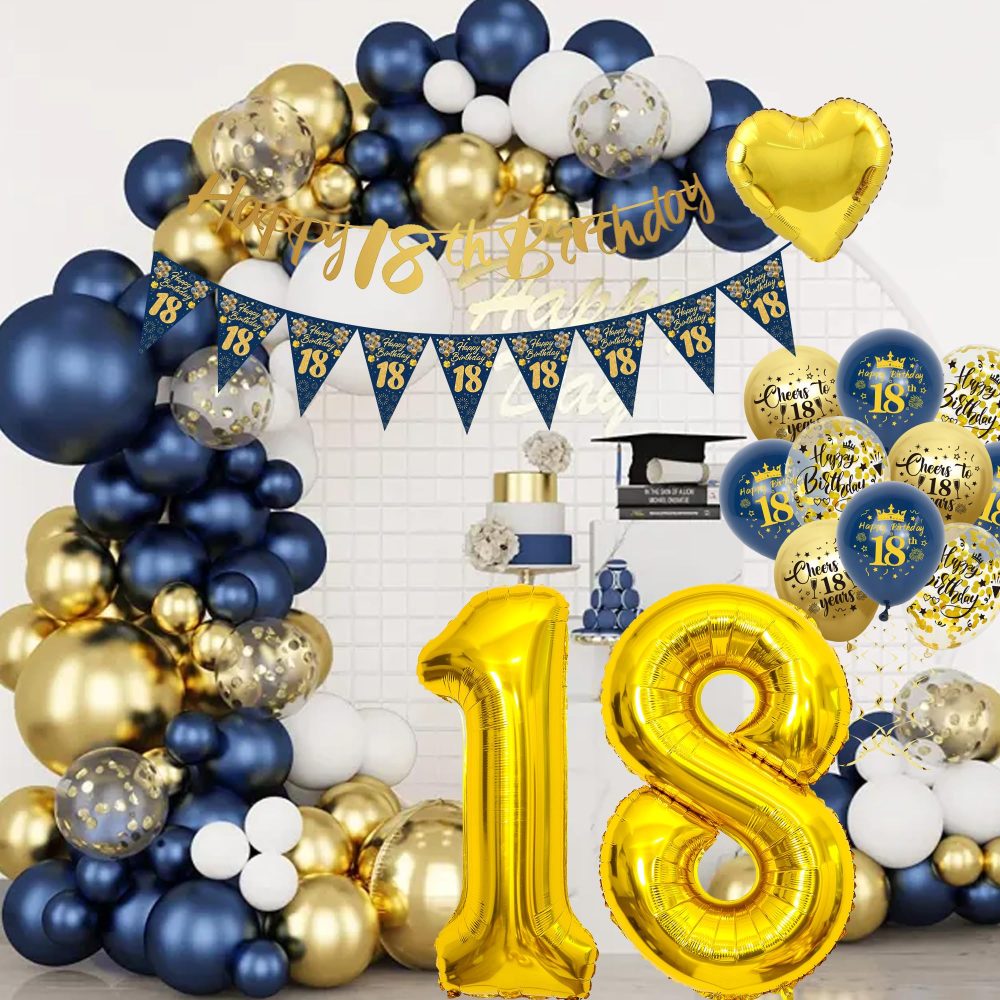 18th Birthday Decorations for Boys - Blue and Gold 18th Birthday Banners Pennant Cake Topper Latex Balloon Number Balloon Heart Foil Balloon Suitable for 18th Birthday Party Supplies - Image 2