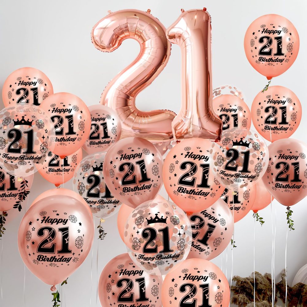 21th Birthday Balloons,15 Pcs Rose Gold Party Decorations with Happy Birthday Latex Confetti Balloons for Girls Women 21th Birthday Décor Anniversary Age Balloons - Image 9