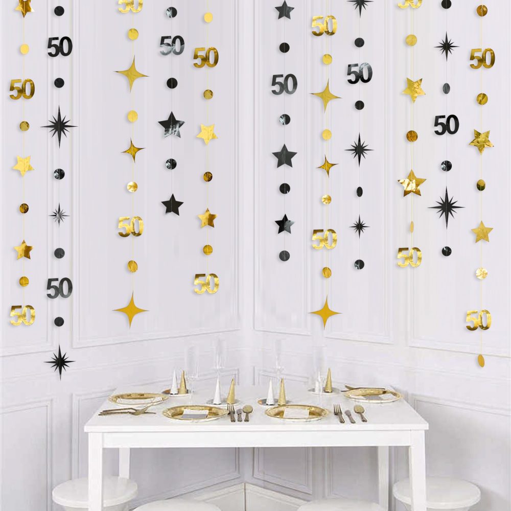 Black Gold 50th Birthday Decorations Number 50 Circle Dot Twinkle Star Garland Metallic Hanging Streamer Banner Backdrop for Women Mens 50 Years Old Birthday Happy 50th Anniversary Party Supplies - Image 4