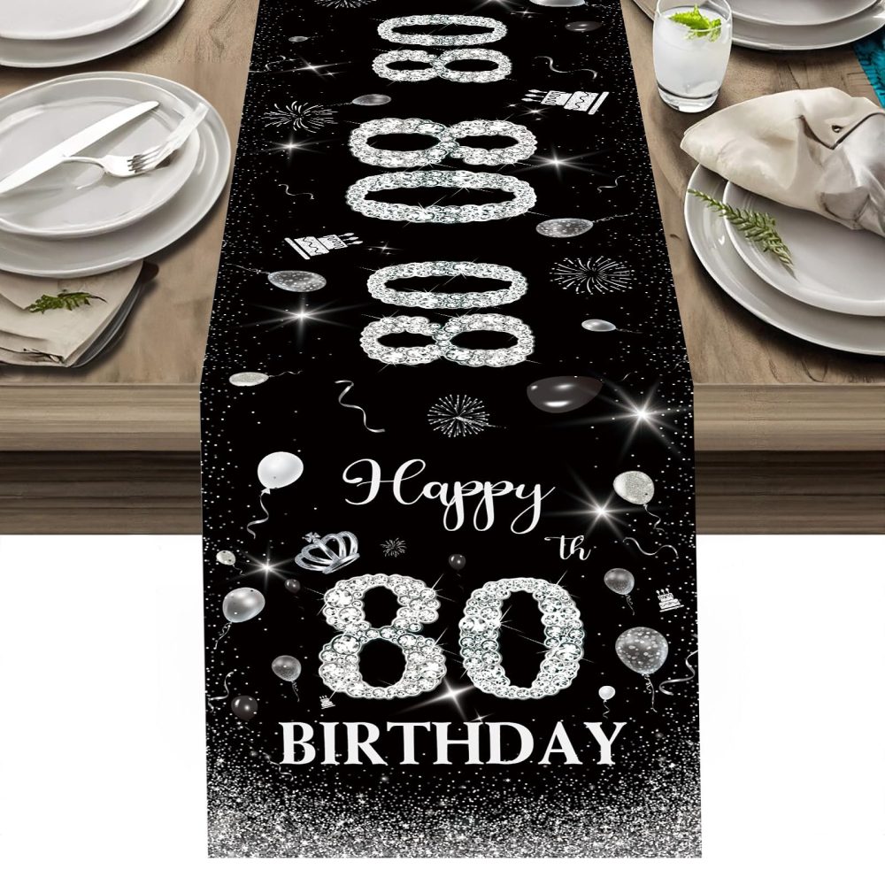 Happy 80th Birthday Table Runner Black Silver 80th Birthday Table Runner for Men Women Him Her 80 Years Old Birthday Celebration Party Decorations Non-Slip Dining Table Linen Cloth Decor 180x35cm Long - Image 5