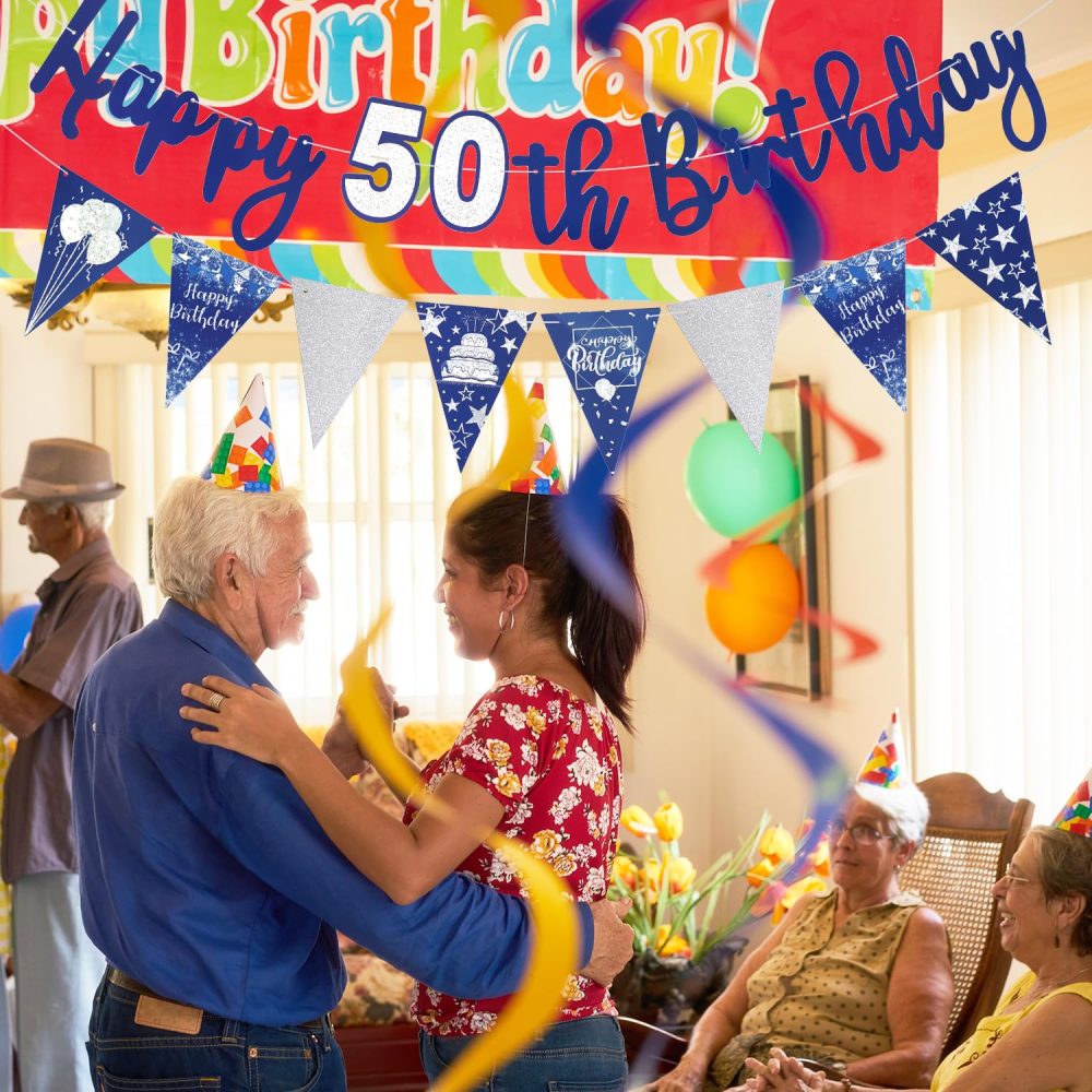 Happy 50th Birthday Banner Blue Happy Birthday Triangle Flag Banner Party Decorations Bunting Flags Party Supplies Decoration 50th Birthday Banners for Men Women A8LSLQZH (50) - Image 2
