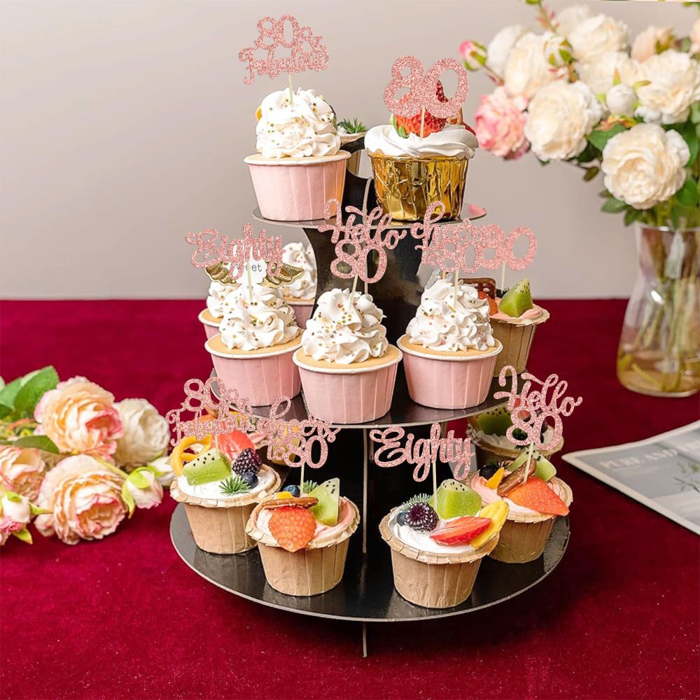 30Pcs Happy 80th Birthday Cupcake Toppers Eighty Cheers to 80 Years Old Birthday Cupcake Picks for Happy 80th Birthday Anniversary Party Cake Decorations Rose Gold Glitter - Image 5