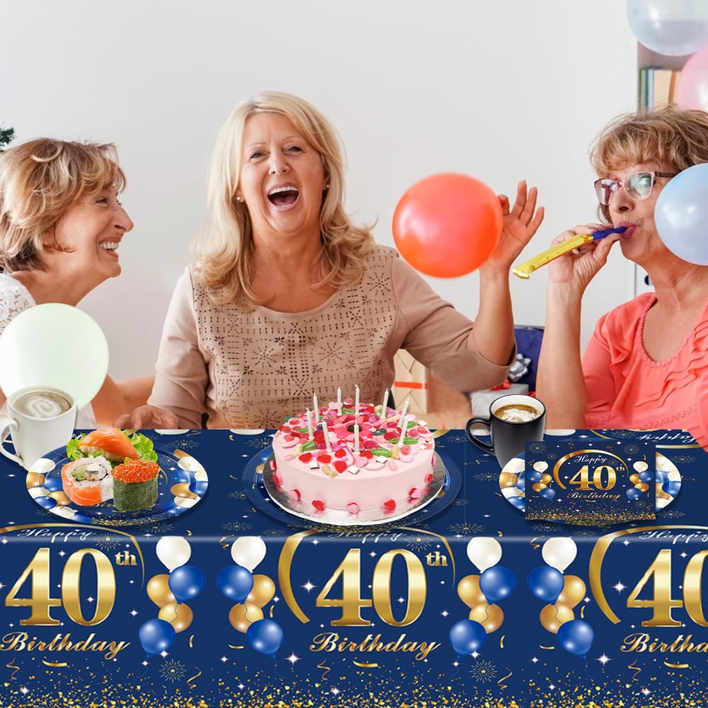 MORAINJAY Birthday Tablecloth for 40,Navy Blue Table Cloth for 40th Birthday Party,137x274cm Table Cover,Rectangular Waterproof Tablecloth for Men,Women, Birthday Party Supplies Table Decor - Image 3