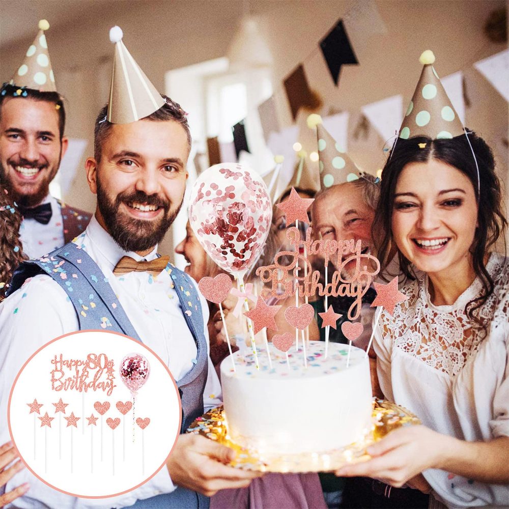 Personalised Happy 80th Birthday Cake Toppers Rose Gold for Women,Her,Lady,Happy Birthday Sign for Cake,11p Glitter Cupcake Topper Cake Topper 80th Birthday Cake Decoration for 80th Birthday Party - Image 3