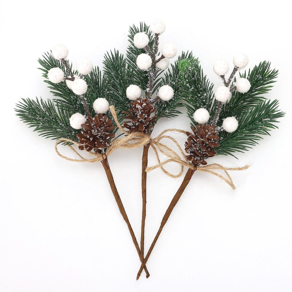 SUREH 10pcs White Christmas Berries Stems 5.9inch Small Artificial Pine Picks and Sprays Xmas Berry Picks with Pine Cones Holly Berry Christmas Flower Ornaments for Xmas Wreaths Home Vase Decor - Image 2