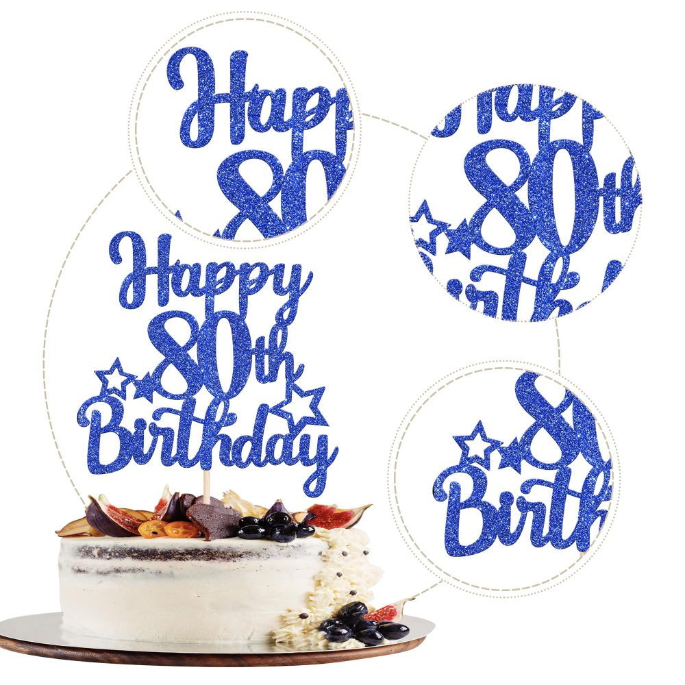 SYKYCTCY 1 Pack Happy 80th Birthday Cake Topper Glitter Little Star 80 Fabulous Cake Pick Birthday Sign Cake Decorations for 80th Birthday Theme Party Supplies Dark Blue - Image 6