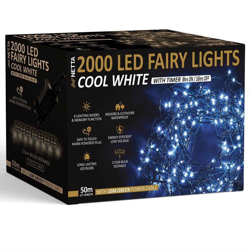 Christmas Tree Lights 2000 LED 50m Cool White - 2.5cm Bulb Distance Fairy String Lights Plug in with Timer and Memory Functions - Suitable for Outdoor/Indoor Use