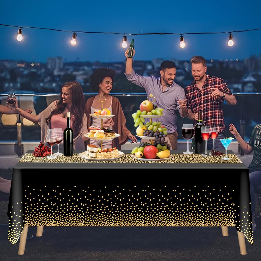 FUYOAL 6 Pieces Black and Gold Table Cloth, Disposable Party Table Cloth Plastic Tablecloth Dot Confetti Party Table Cover for Picnic Baby Shower Halloween Christmas(54" x 108") - Image 4
