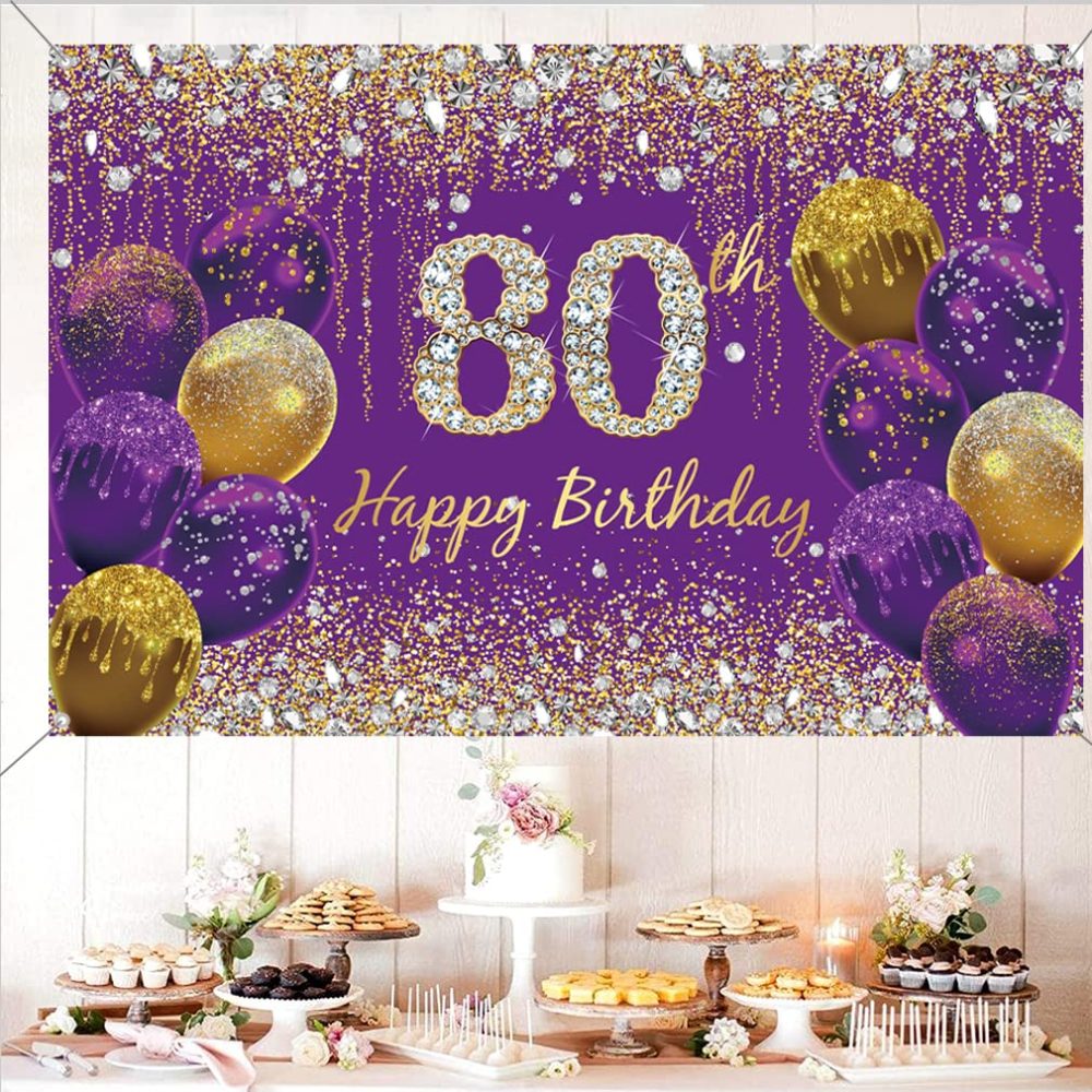 80th Birthday Decorations for Women, Purple Glitter Spots Fabric Sign Poster Birthday Party Decoration, 80th Birthday Background Banner Woman, 80th Birthday Party Decoration - Image 2