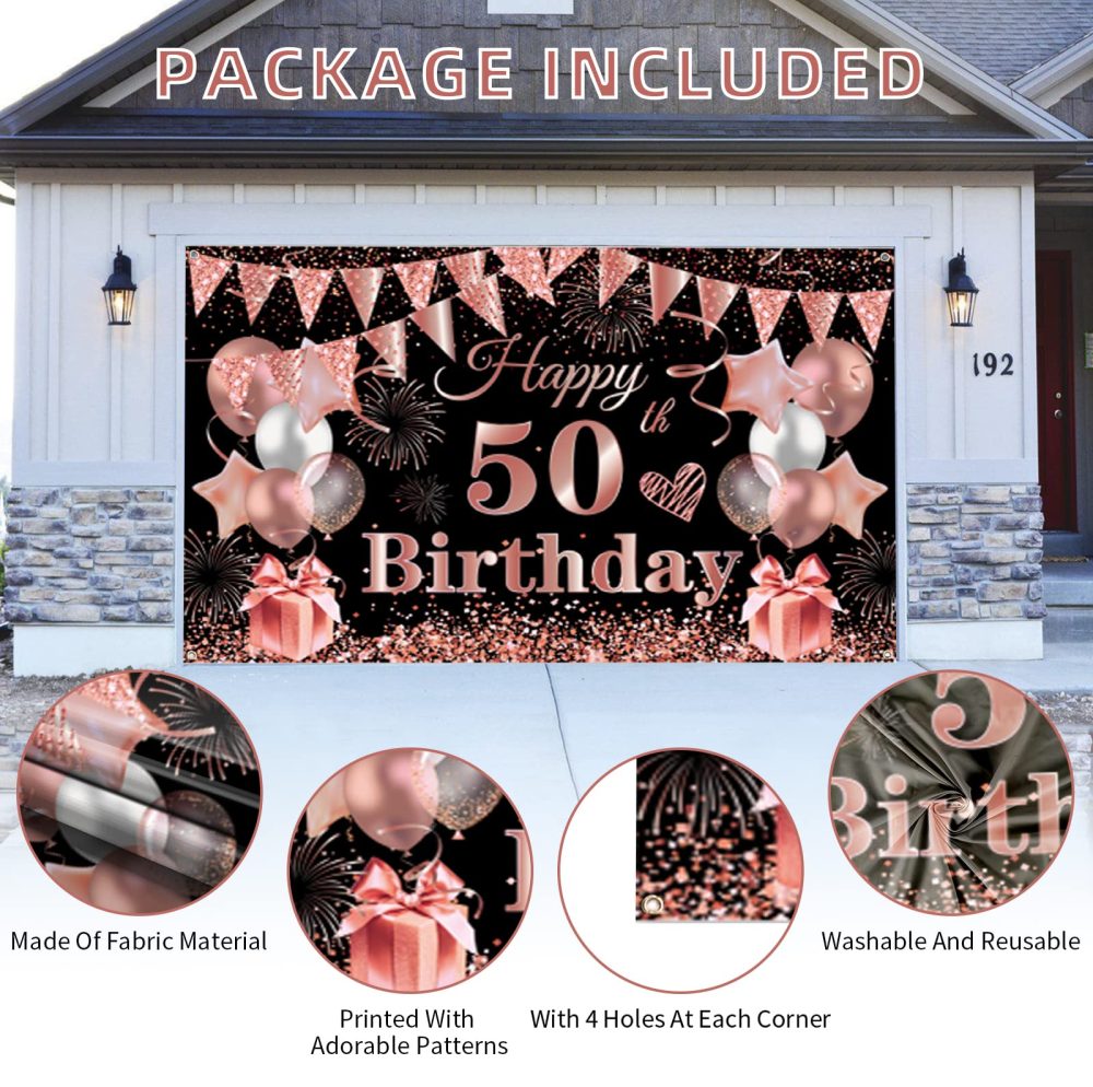 50th Birthday Decoration Banner, 50th Black Rosegold Birthday Backdrop Banner Photo Booth Sign Decorations, Extra Large Fifty Birthday Banner Background for Women 50th Birthday Party Supplies - Image 7