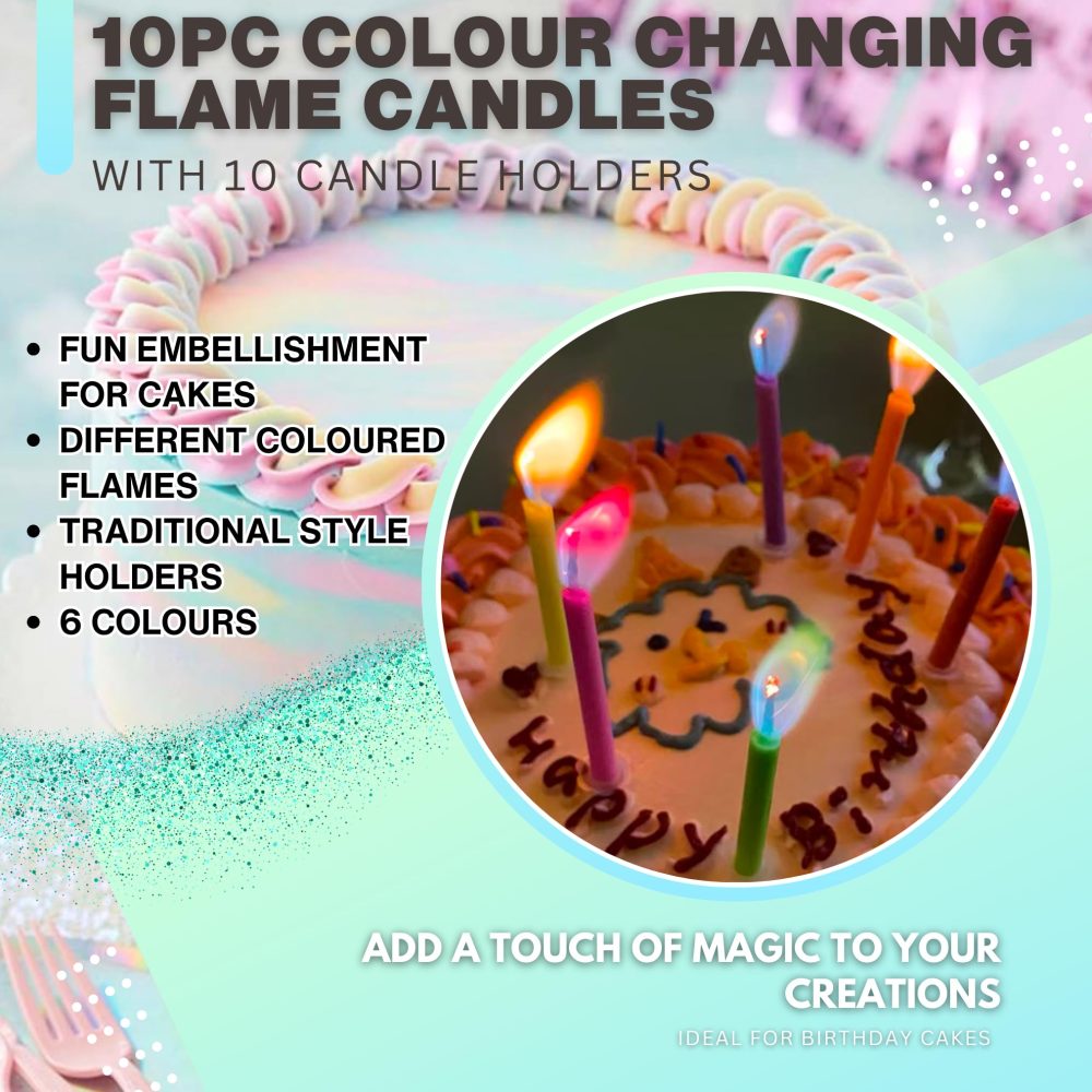10 Coloured Flame Party Candles, Decorative Birthday Cake Celebration Candles Set with 10 Easy to Use Holders, Angel Flames, Assorted Coloured Birthday Party Candles - Image 4