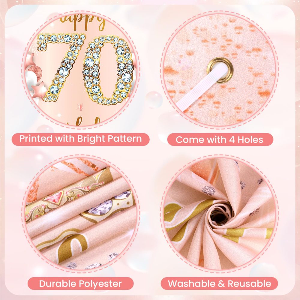 Rose Gold 70th Birthday Decorations Banner for Women, Happy 70th Birthday Door Banner with 18pcs 70th Balloons for Women 70th Birthday Anniversary Party Backdrop Decor Supplies Sign Porch Background - Image 3
